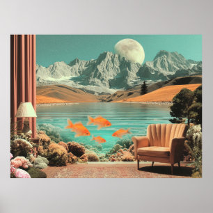 Surreal interiör med fisk och månbelyst landskap poster
