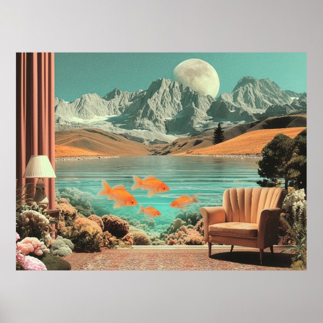 Surreal interiör med fisk och månbelyst landskap poster (Framsidan)