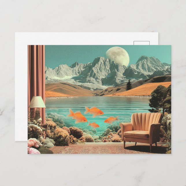 Surreal Interior with Fish and Moonlit Landscape Vykort (Fram/baksida)