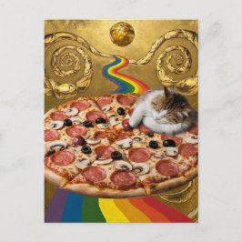 Surreal Kat på en Pizza Golden Background Vykort