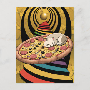 Surreal Kat på en Pizza Rainbow Trappor Guld Plane Vykort