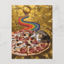 Surreal katt på en Pizza Golden Rainbow-bakgrund Vykort
