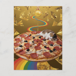 Surreal katt på en Pizza Golden Rainbow-bakgrund Vykort