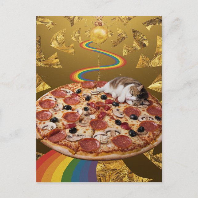 Surreal katt på en Pizza Golden Rainbow-bakgrund Vykort (Framsida)