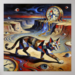 Surreal katt som smälter klockor Dali Picasso-insp Poster