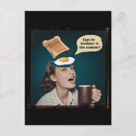 Surreal kvinna, ägg för frukost i denna ekonomi vykort