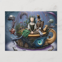 Surreal kvinna utan ansikte på en magisk båt vykort