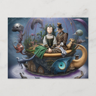 Surreal kvinna utan ansikte på en magisk båt vykort