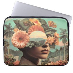 Surreal kvinnoporträtt med blomsterdetaljer laptop fodral