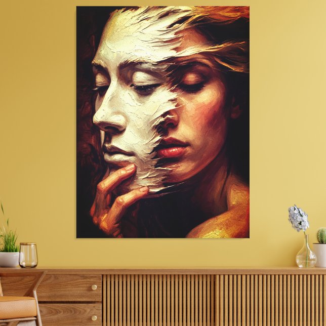 Surreal kvinnoporträtt med målad mask canvastryck (Insitu (Vardagsrum))
