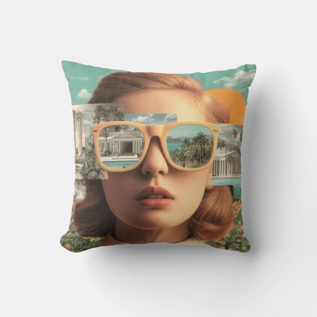 Surreal kvinnoporträtt med retro solglasögon kudde (Framsida)