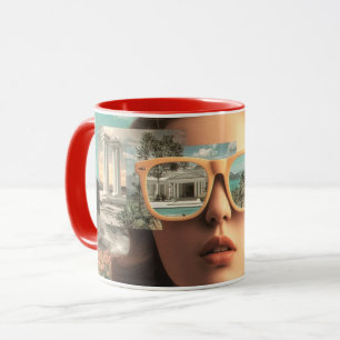 Surreal kvinnoporträtt med retro solglasögon mugg