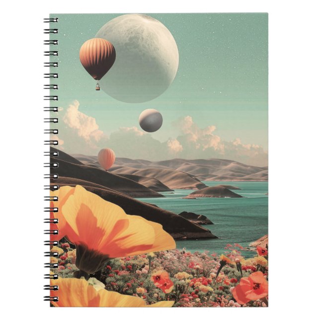 Surreal Landscape with Air Balloons and Moon Anteckningsbok (Framsidan)