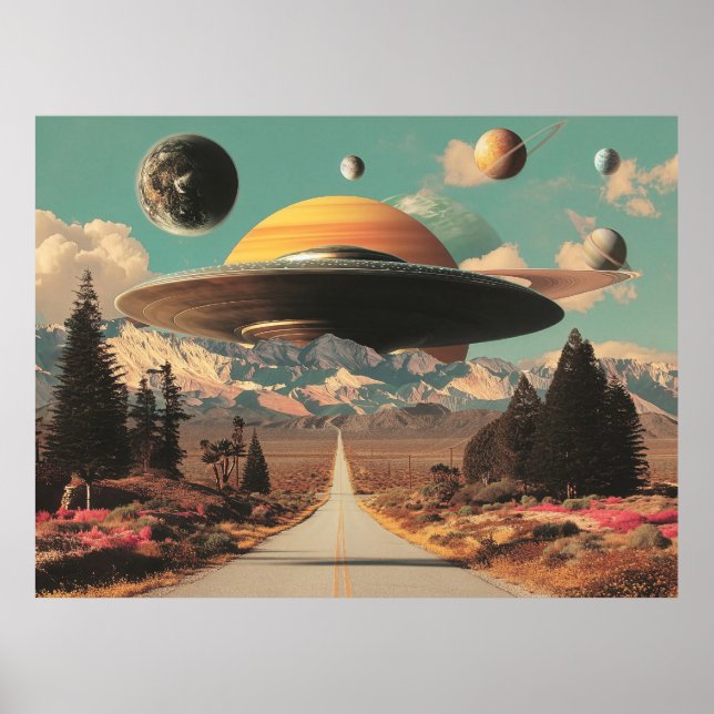 Surreal Landscape with Road, UFO and Saturn  Poster (Framsidan)