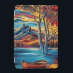 Surreal liggande med Vibrant Hues iPad Mini Skydd<br><div class="desc">En levande,  surrealistisk målning av en träbåt på ett färglöst sjö med träd och dramatiska berg i bakgrunden,  blandning av uttryckssymbol och abstrakt stilar.</div>