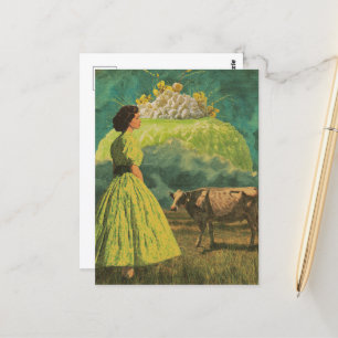 Surreal Lime Desert Dairy Pasture Woman and Cow Vykort