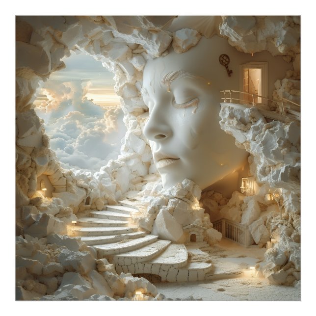 Surreal Marble Head Interior Dreamscape Stairway Fototryck (Framsidan)