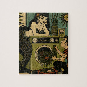 Surreal Mid Century Havsfrus Siren Tvättdag Pussel