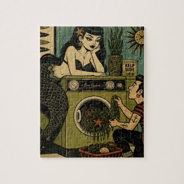 Surreal Mid Century Havsfrus Siren Tvättdag Pussel (Vertikal)