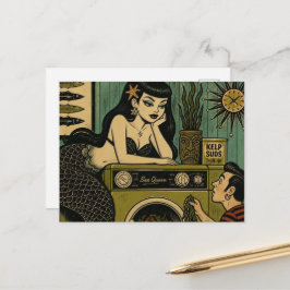 Surreal Mid Century Havsfrus Siren Tvättdag Vykort