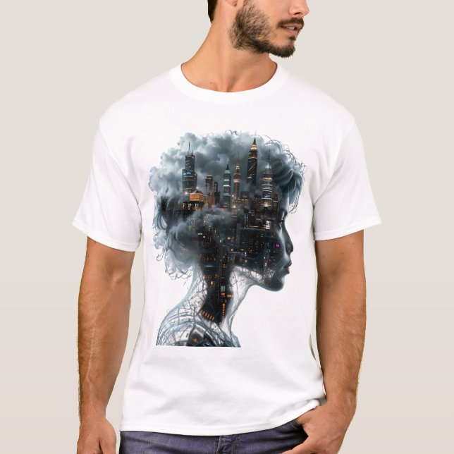 Surreal Mindscape: City within a Woman's Head T Shirt (Framsida)