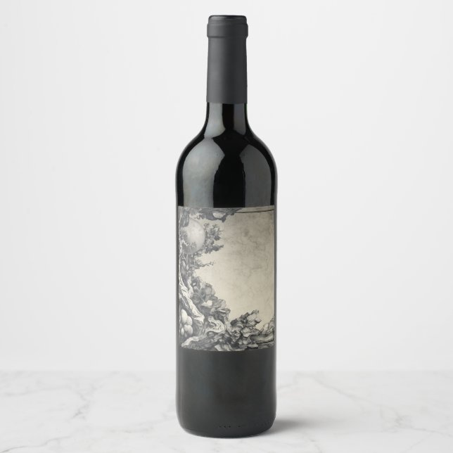 Surreal Moonlit Träd och Sten liggande Vinflaska Etikett (Framsida)