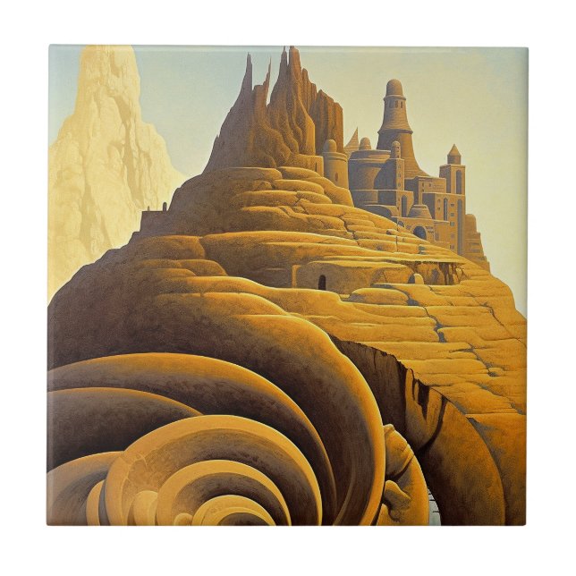 Surreal Mountain City Fantasy Art Kakelplatta (Framsidan)
