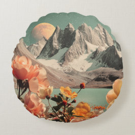 Surreal Mountain Landscape With Blooming Flowers Rund Kudde