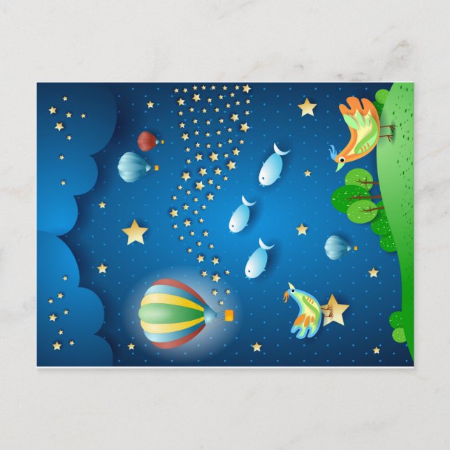 Surreal natt med ballonger och stjärnvåg helg vykort (Framsida)