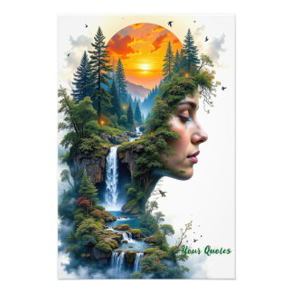 Surreal Nature Portrait Woman Sunset Waterfall Fototryck