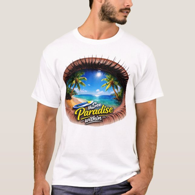 Surreal Ögon Paradis Strand Paddleboard Grafisk Il T Shirt (Framsida)