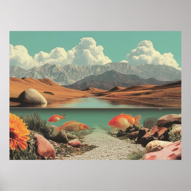 Surreal öken och sjö med guldfiskar poster (Framsidan)