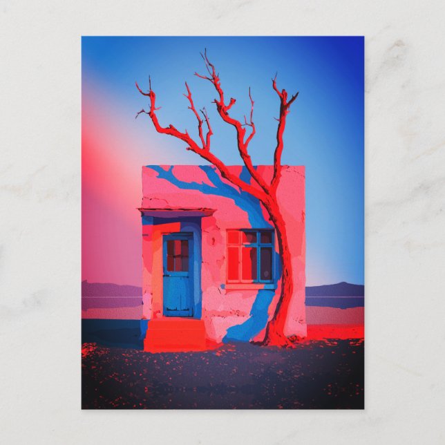 Surreal Ökenhus Väggkonst – Minimalistisk Vykort (Framsida)