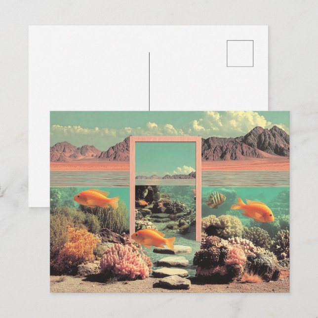 Surreal ökenocean med dörr vykort (Fram/baksida)