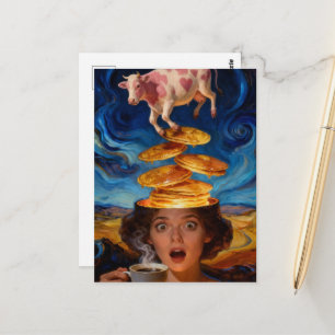 Surreal överraskad frukost pannkakor kaffe ko vykort