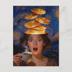 Surreal överraskad frukost pannkakor kaffe kvinna vykort