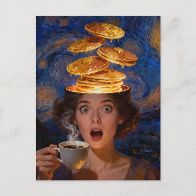 Surreal överraskad frukost pannkakor kaffe kvinna  vykort (Framsida)
