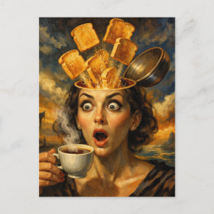 Surreal överraskad frukost toast kaffe kvinna vykort