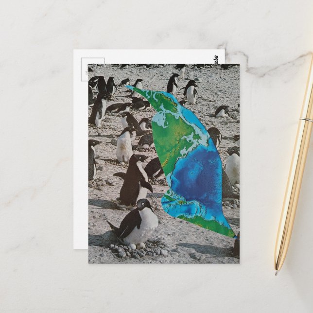 Surreal Penguins and Earth wildlife collage Vykort (Fram/Back In Situ)