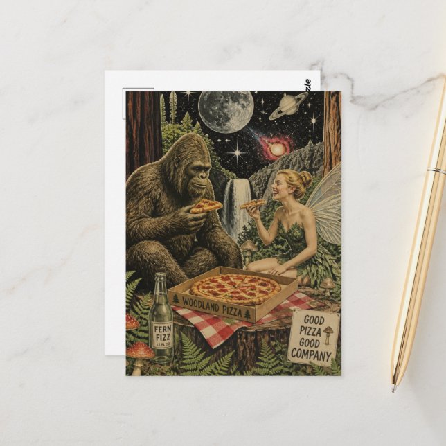 Surreal pizzanatt med Sasquatch och feen Vykort (Fram/Back In Situ)