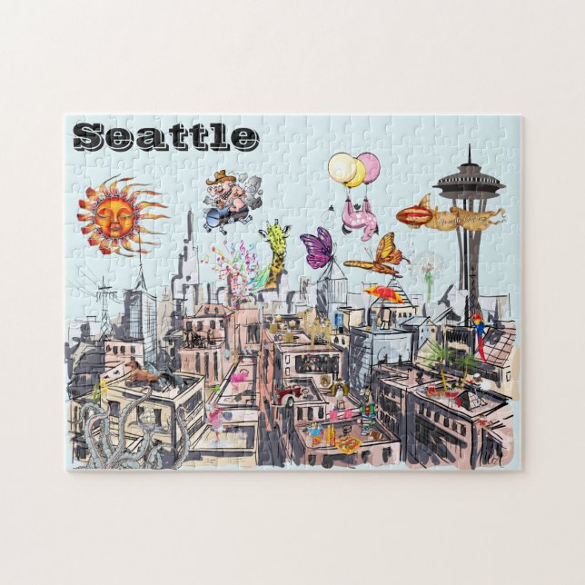 Surreal Pop Art Busy City i Seattle Pussel (Horisontell)