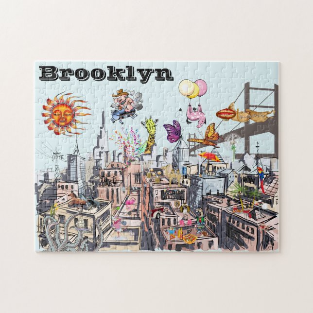 Surreal Pop Art Busy City of Brooklyn Pussel (Horisontell)
