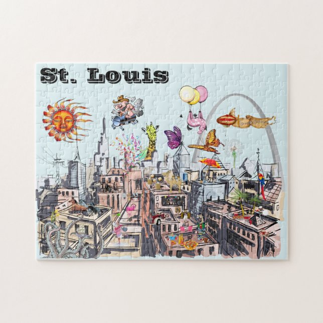 Surreal Pop Art Busy City of St. Louis Pussel (Horisontell)