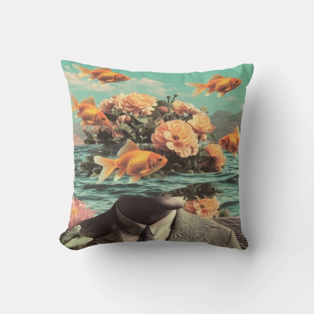 Surreal Portrait With Goldfish Flowers And Ocean Kudde (Framsida)