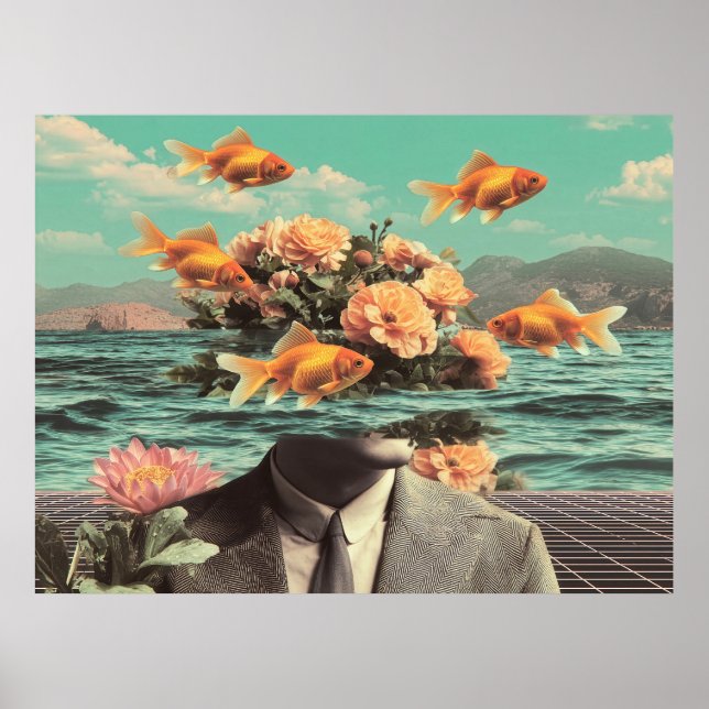 Surreal Portrait With Goldfish Flowers And Ocean Poster (Framsidan)
