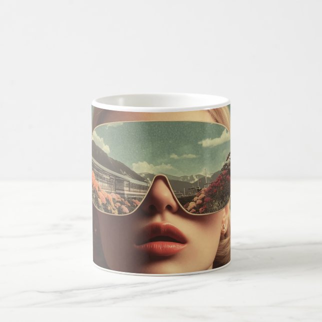 Surreal porträtt med solglasögon som reflekterar b kaffemugg (Center)