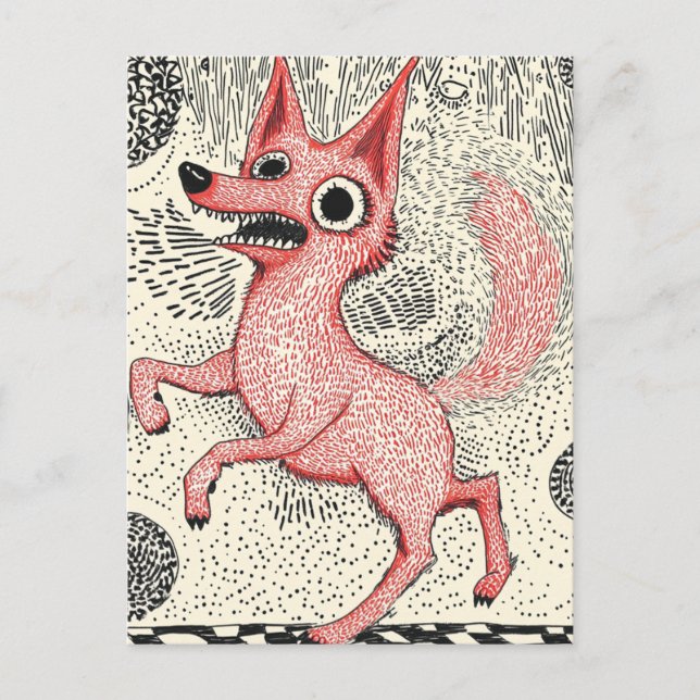 Surreal Red Fox Illustration - Quirky Indie art Vykort (Framsida)
