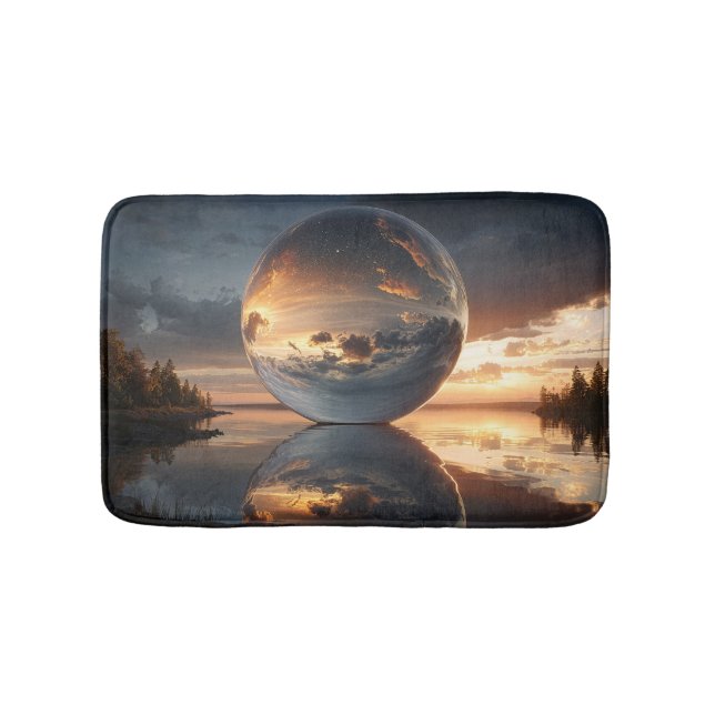 Surreal reflekterande sfär med solnedgångsmoln öve badrumsmatta (Framsidan)