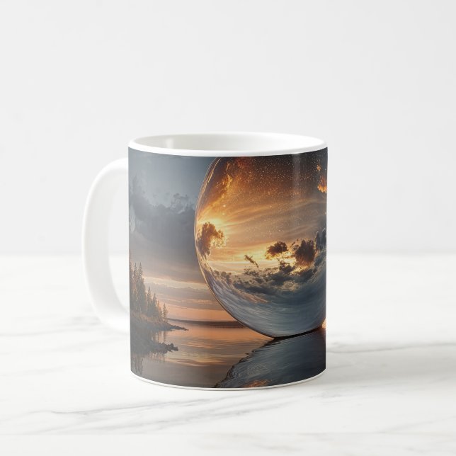 Surreal reflekterande sfär med solnedgångsmoln öve kaffemugg (Framsida vänster)