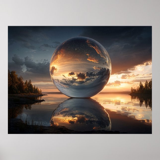 Surreal reflekterande sfär med solnedgångsmoln öve poster (Framsidan)